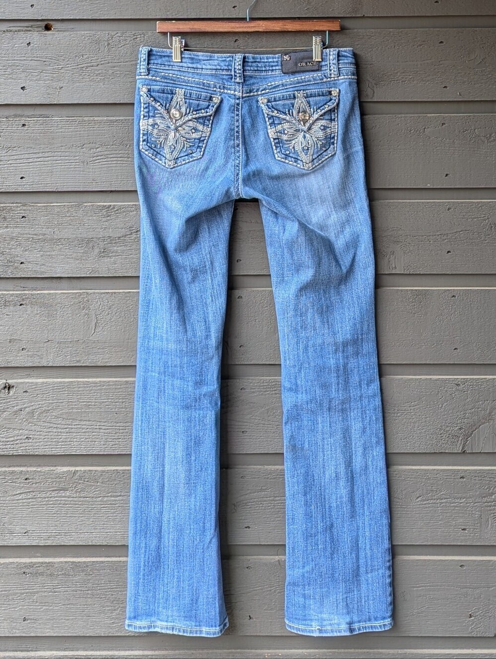 Grace In LA Low Rise Blue Distressed Bootcut Jeans Size 29